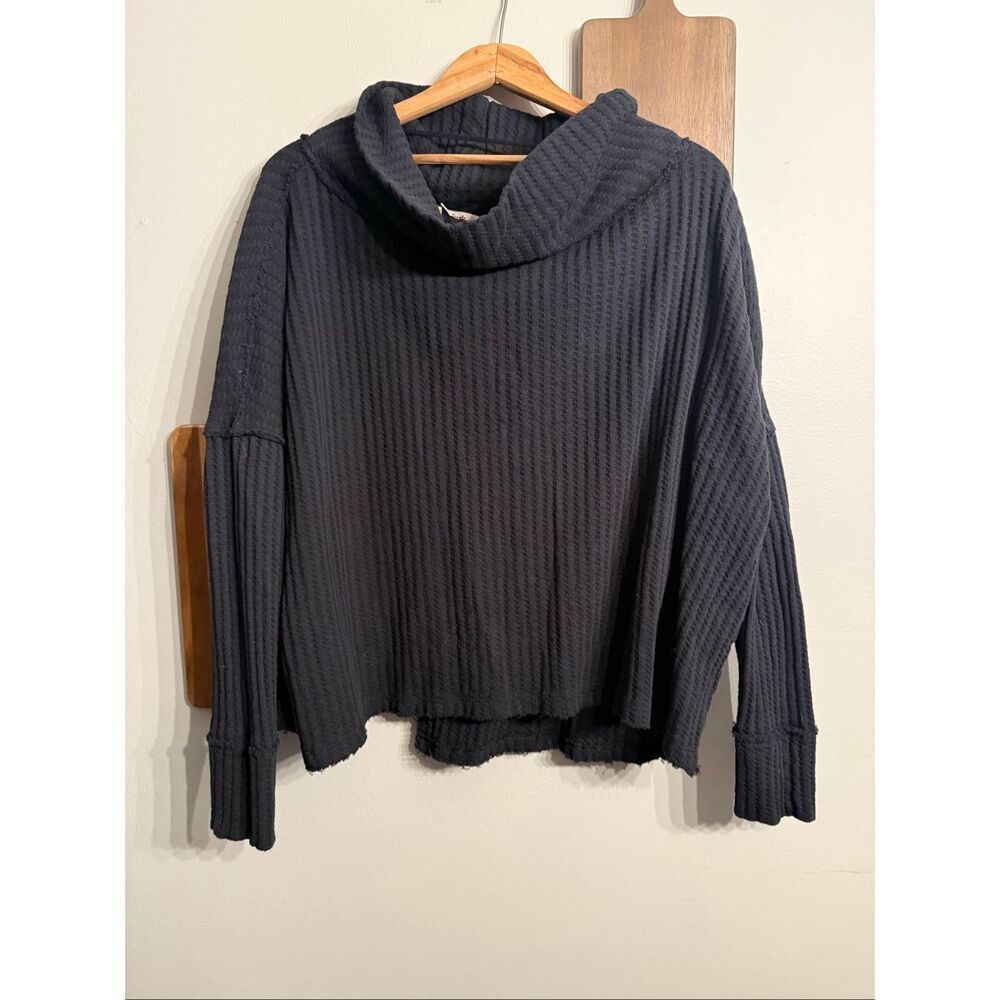 Free People Black Waffle Knit Juicy Cowl Neck Long Sleeve Thermal Top Medium